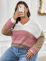  Colorblock Eyelet Embroidered V Neck Jumper