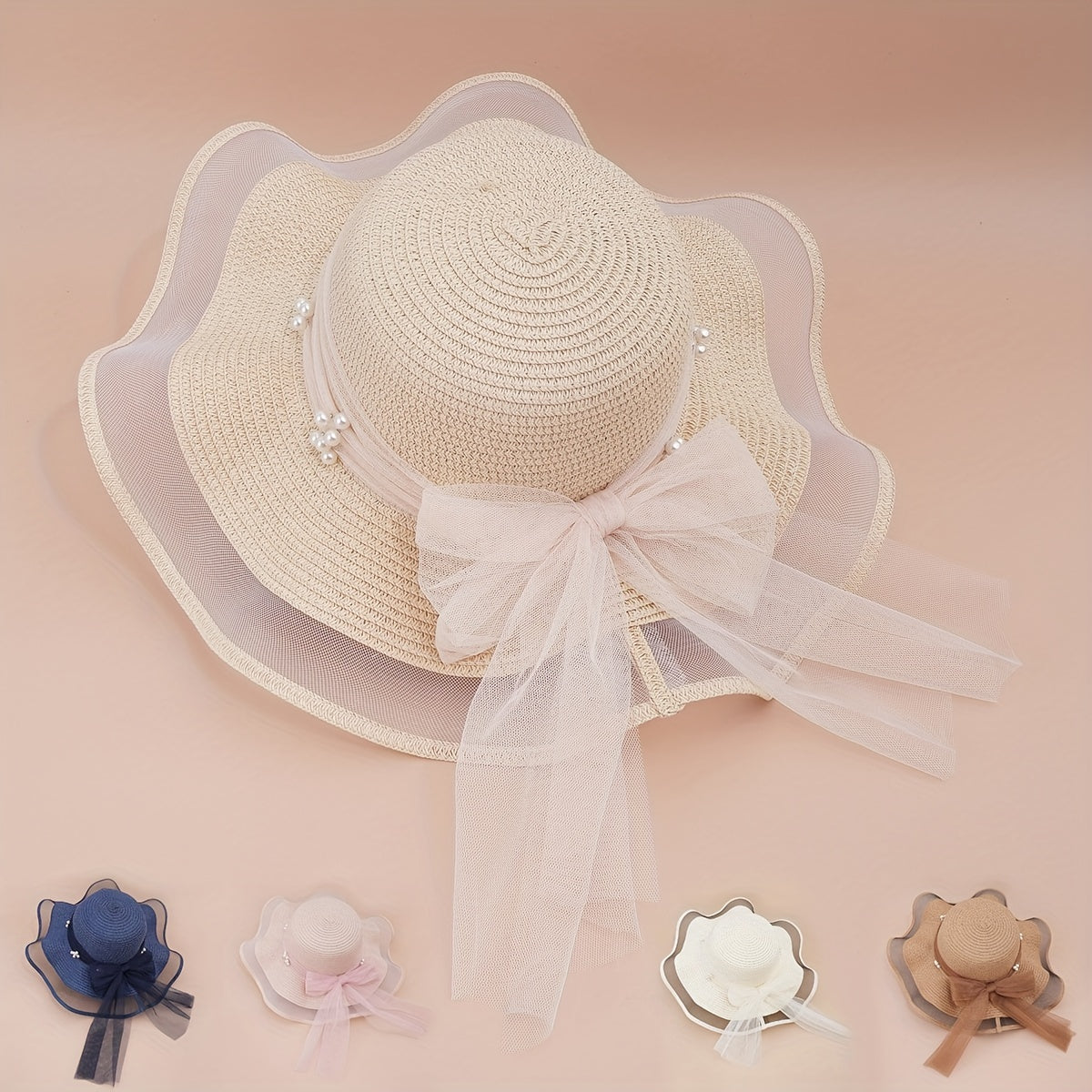 Lace Sun Hat Ribbon Bowknot Faux Pearl Straw Hat