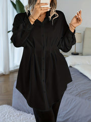  Blouse Solid Lantern Sleeve Button Up Collar