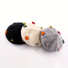 Women's Flower Decor Beret Solid Warm Painter Hats