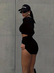 Casual Two Piece Set Crew Neck Long Sleeve Cropped Tops & Work Out Shorts