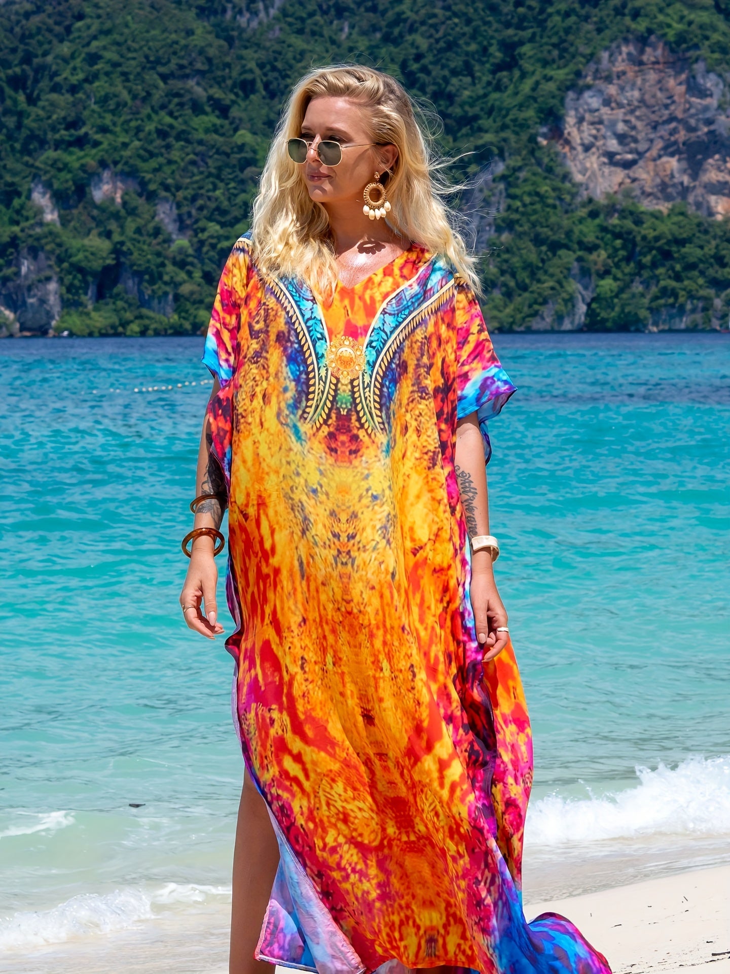  Boho Cover Up Women's Plus Tribal & Leopard Print Batwing Sleeve V Nec