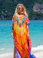  Boho Cover Up Women's Plus Tribal & Leopard Print Batwing Sleeve V Nec