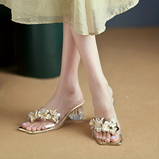 Women's Square Open Toe Rhinestone Flower Chunky Heels Sandals