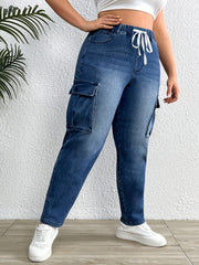 High Stretch Cargo Jeans Elastic Waist Plus Drawstring Retro