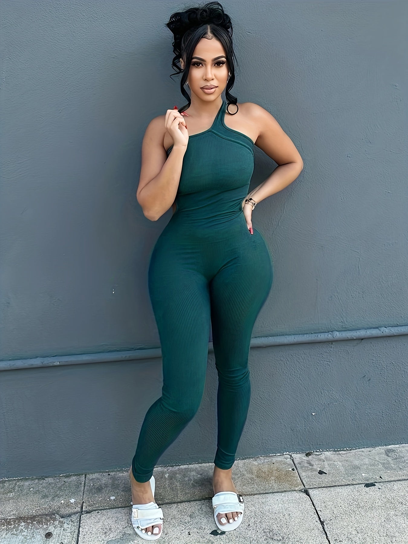 One Shoulder Ribbed Jumpsuit - Women's Casual One Piece