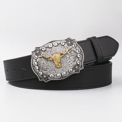 Vintage Western Cowboy Cow Head Men's Belt PU Leather