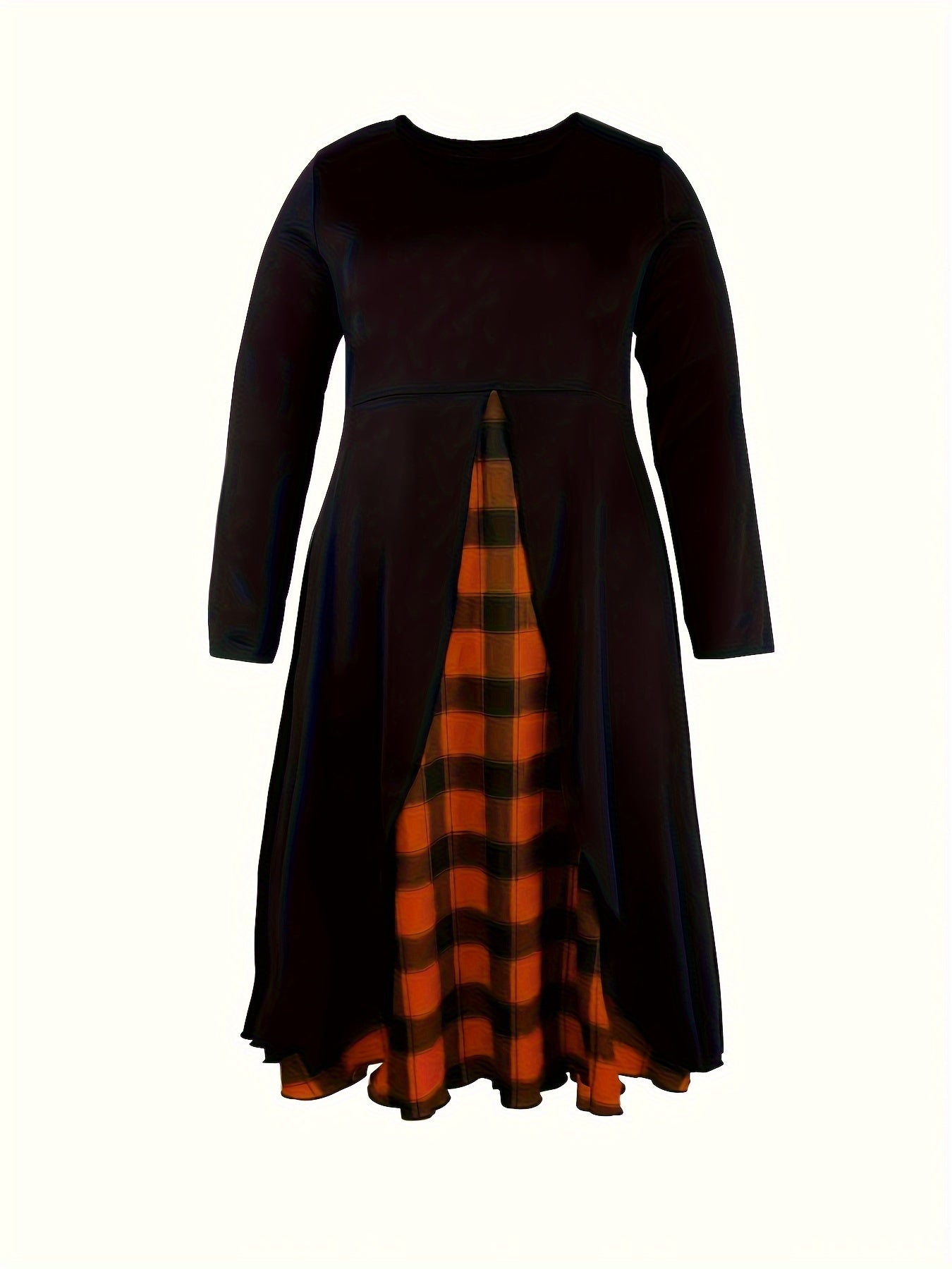 Colorblock Plaid Print Round Neck Midi Dress