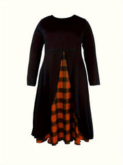  Colorblock Plaid Print Round Neck Midi Dress
