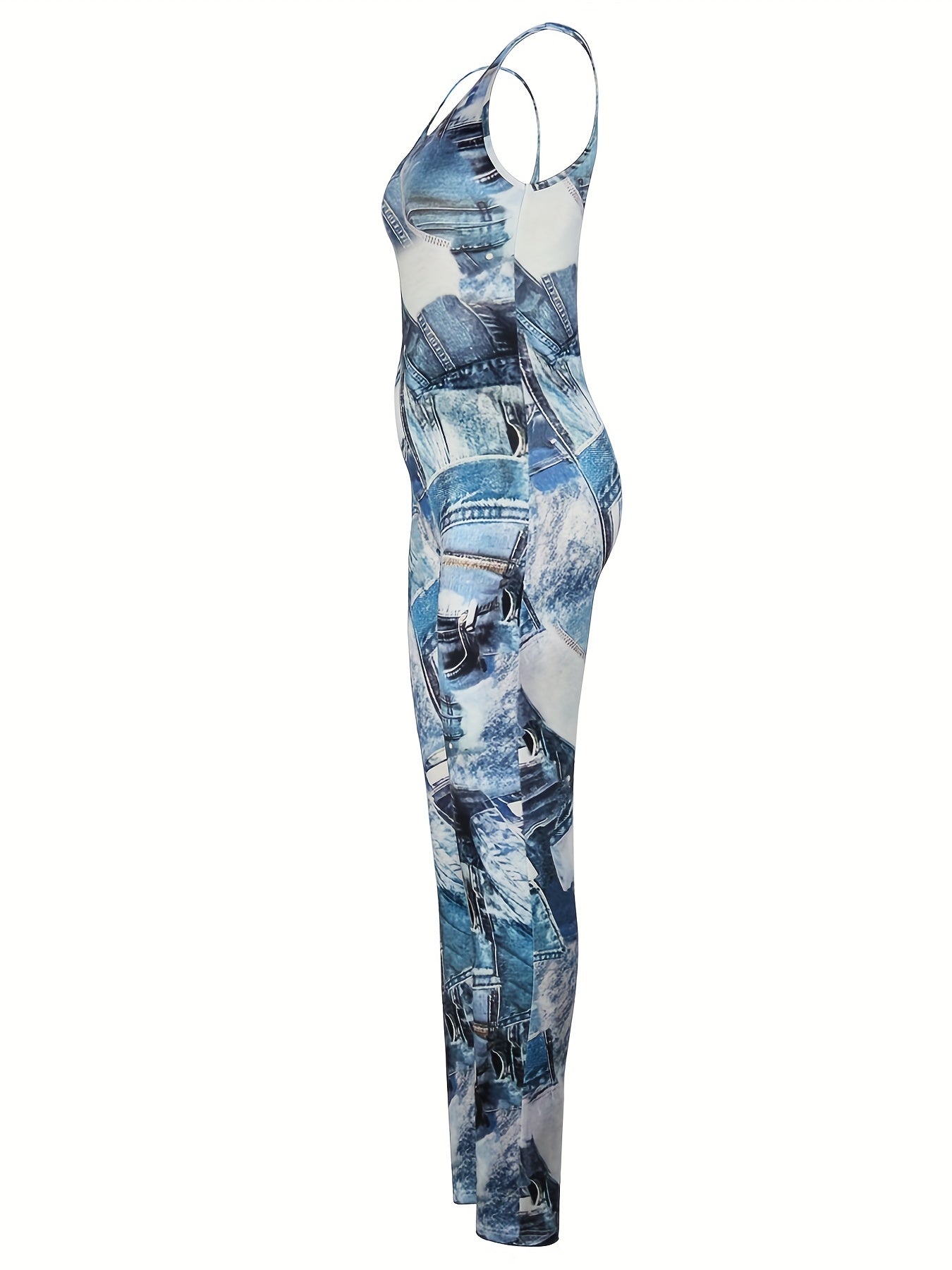 Denim Print Slim Tank Jumpsuit Casual Sleeveless Jumpsuit
