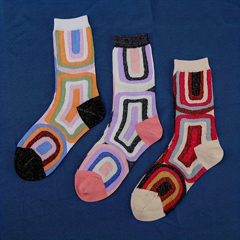 3 Pairs Geometric Pattern Crew Socks Colorblock Mid Tube Women's Stockings