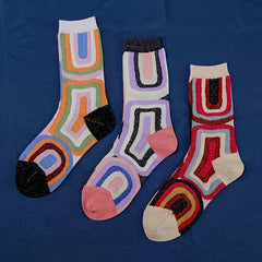 3 Pairs Geometric Pattern Crew Socks Colorblock Mid Tube Women's Stockings