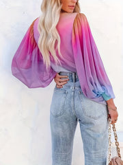  Ombre Lantern Sleeve Boho Blouse Surplice Neck Top
