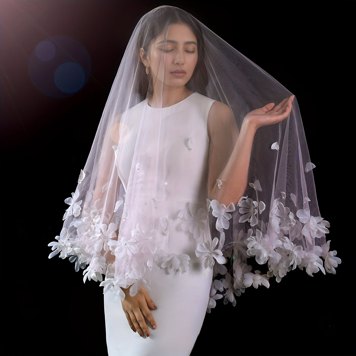 Romantic Single Layer Bridal Veil with 3D Beaded Flowers Wedding Accessory