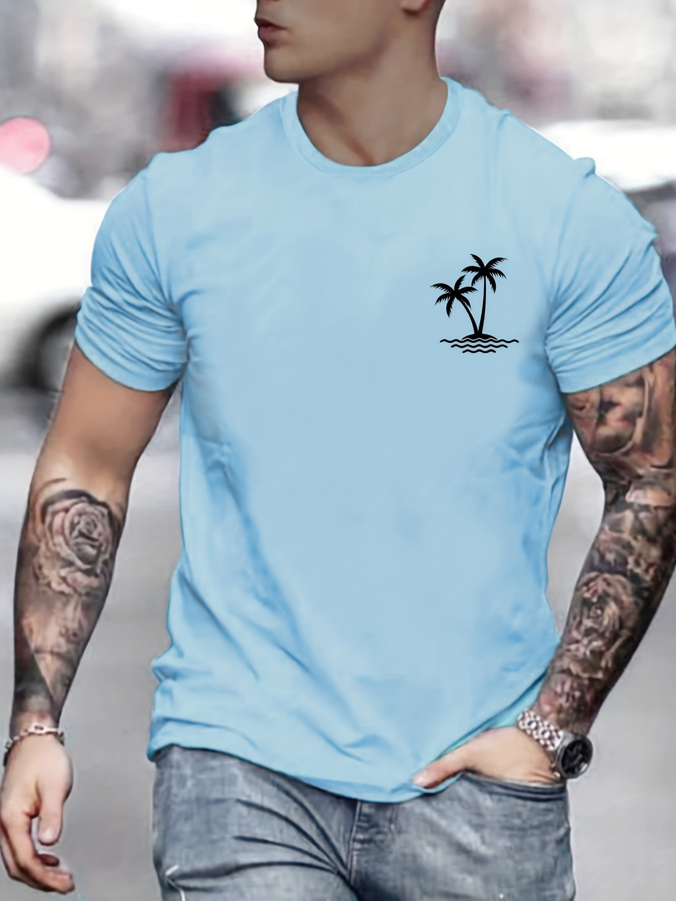 Coconut Palm Island Print Men's Graphic Crew Neck T-shirt