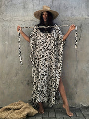 Boho Cover Up Leopard Print Batwing Sleeve V Neck Maxi