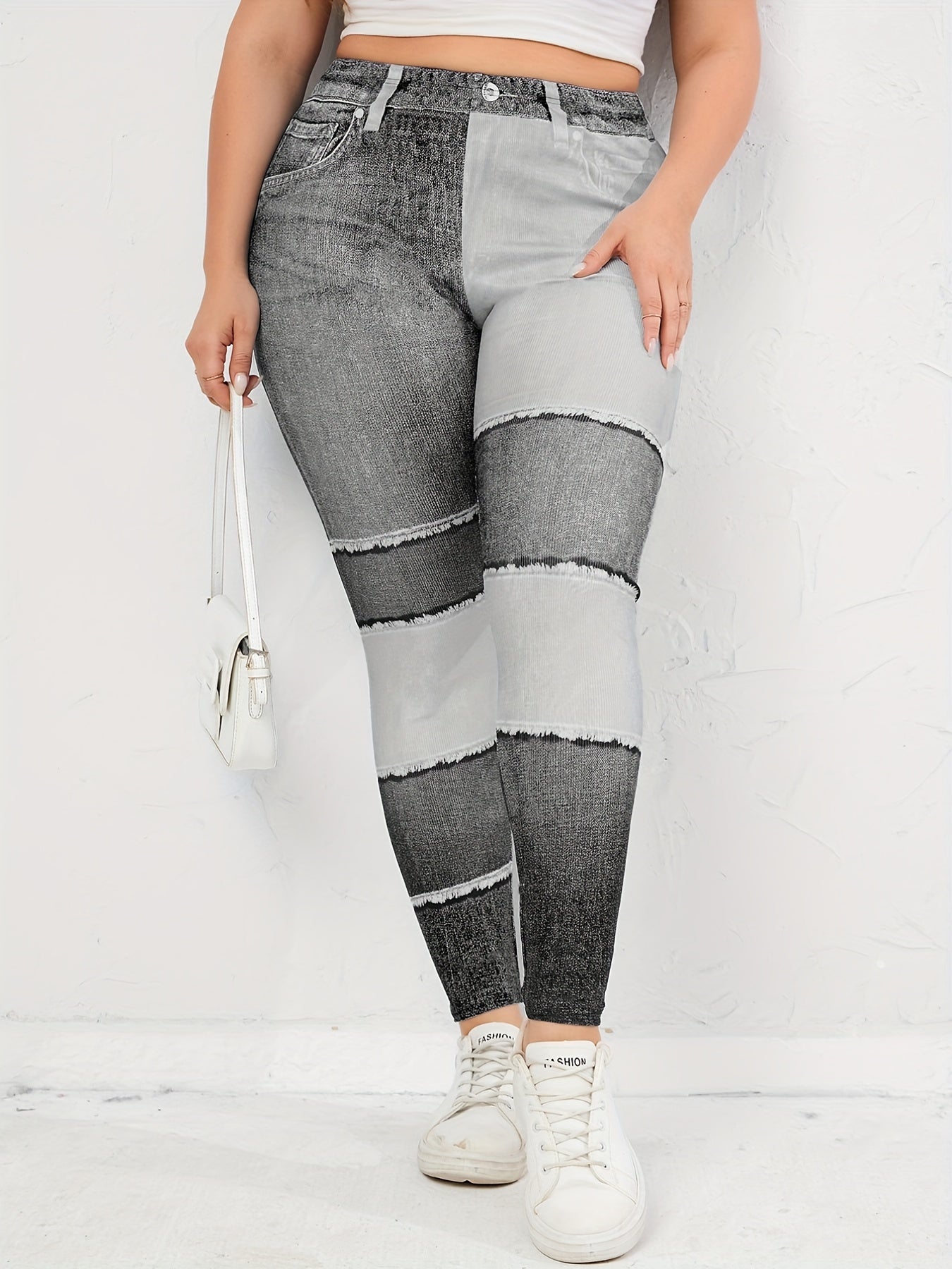  Denim Print Colorblock High Stretch Leggings Women's Plus