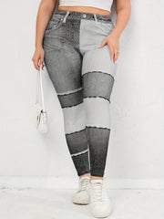  Denim Print Colorblock High Stretch Leggings Women's Plus