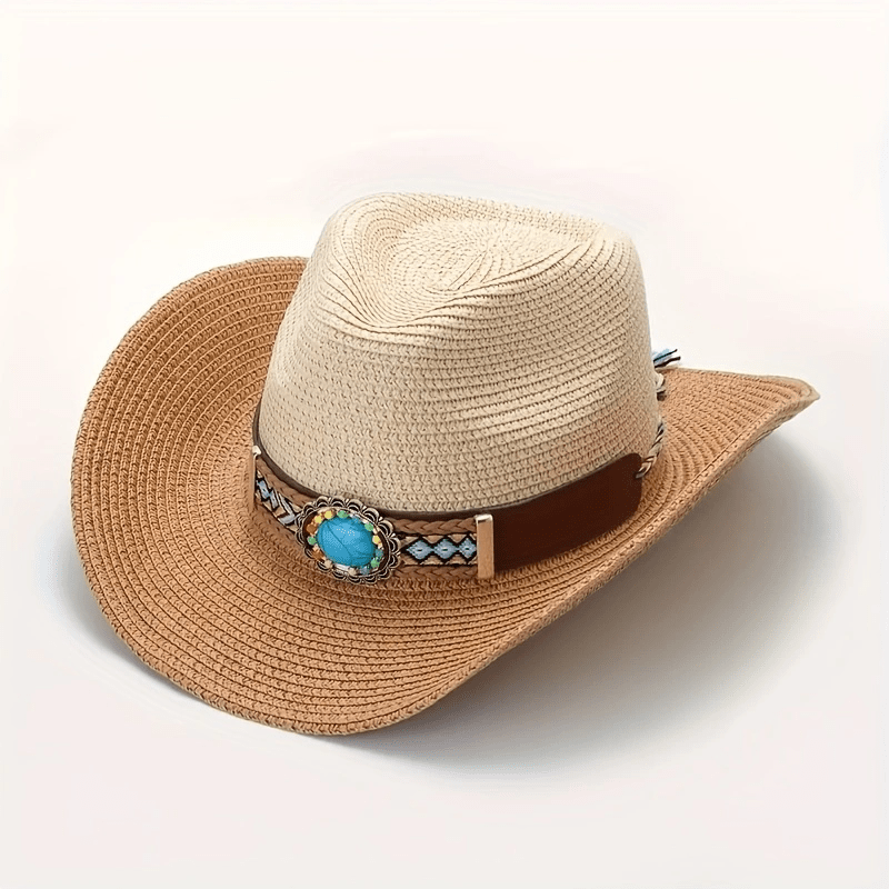 Bohemian Stone Studded Cowboy Straw Hat for Sun Protection