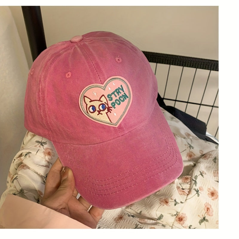 Cat Heart Embroidery Baseball Cap Pink Washed Distressed Sun Hat