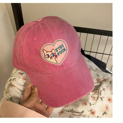 Cat Heart Embroidery Baseball Cap Pink Washed Distressed Sun Hat