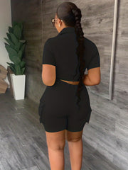 Casual Solid Matching Two Piece Set Short Sleeve Blouse & Flap Pockets Shorts
