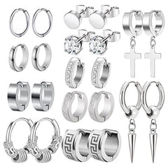 11 Pairs Stainless Steel Small Hoop Cross Hanging Earrings Set