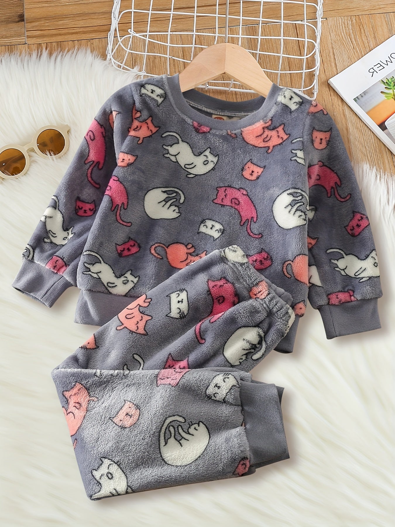 Girls Bunny Rabbit Fleece Pajamas Set Long Sleeve Top Matching Pants