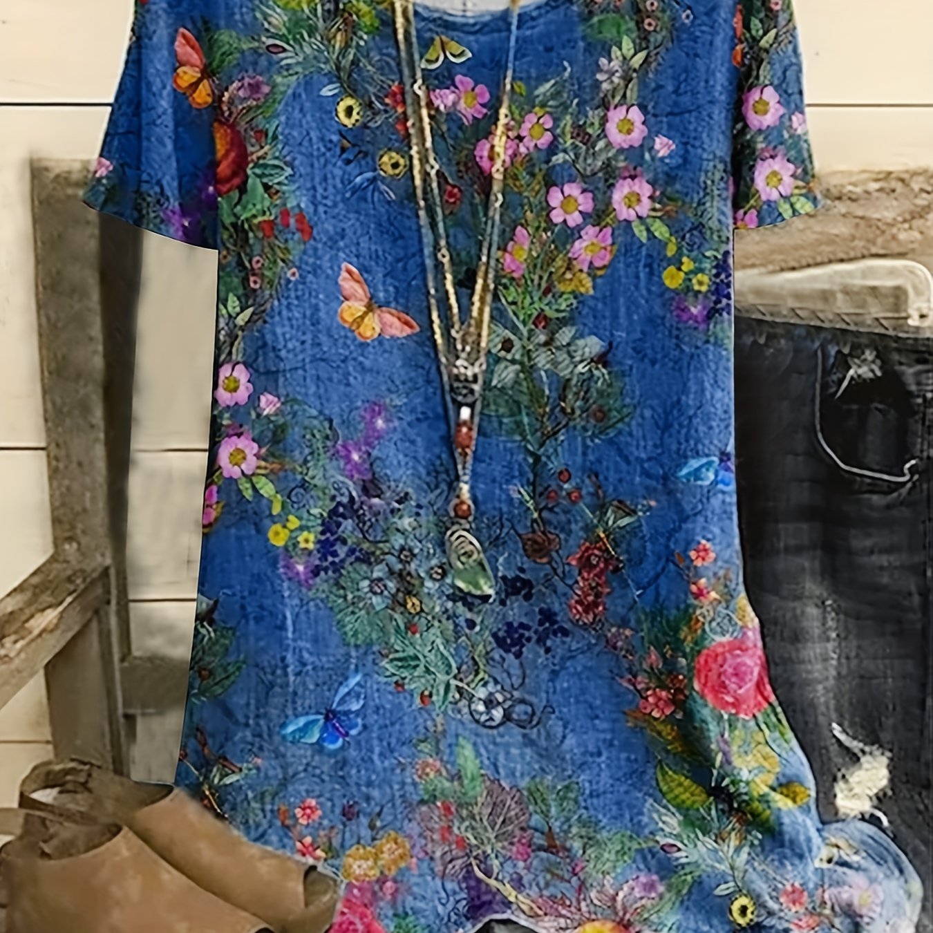  Tie Dye Floral Print Short Sleeve Blouse