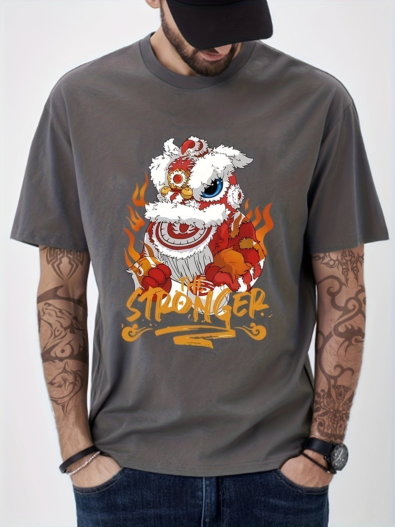 Cotton Stronger & Lion Dance Print Men's Graphic Crew Neck T-shirt