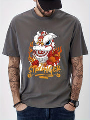 Cotton Stronger & Lion Dance Print Men's Graphic Crew Neck T-shirt