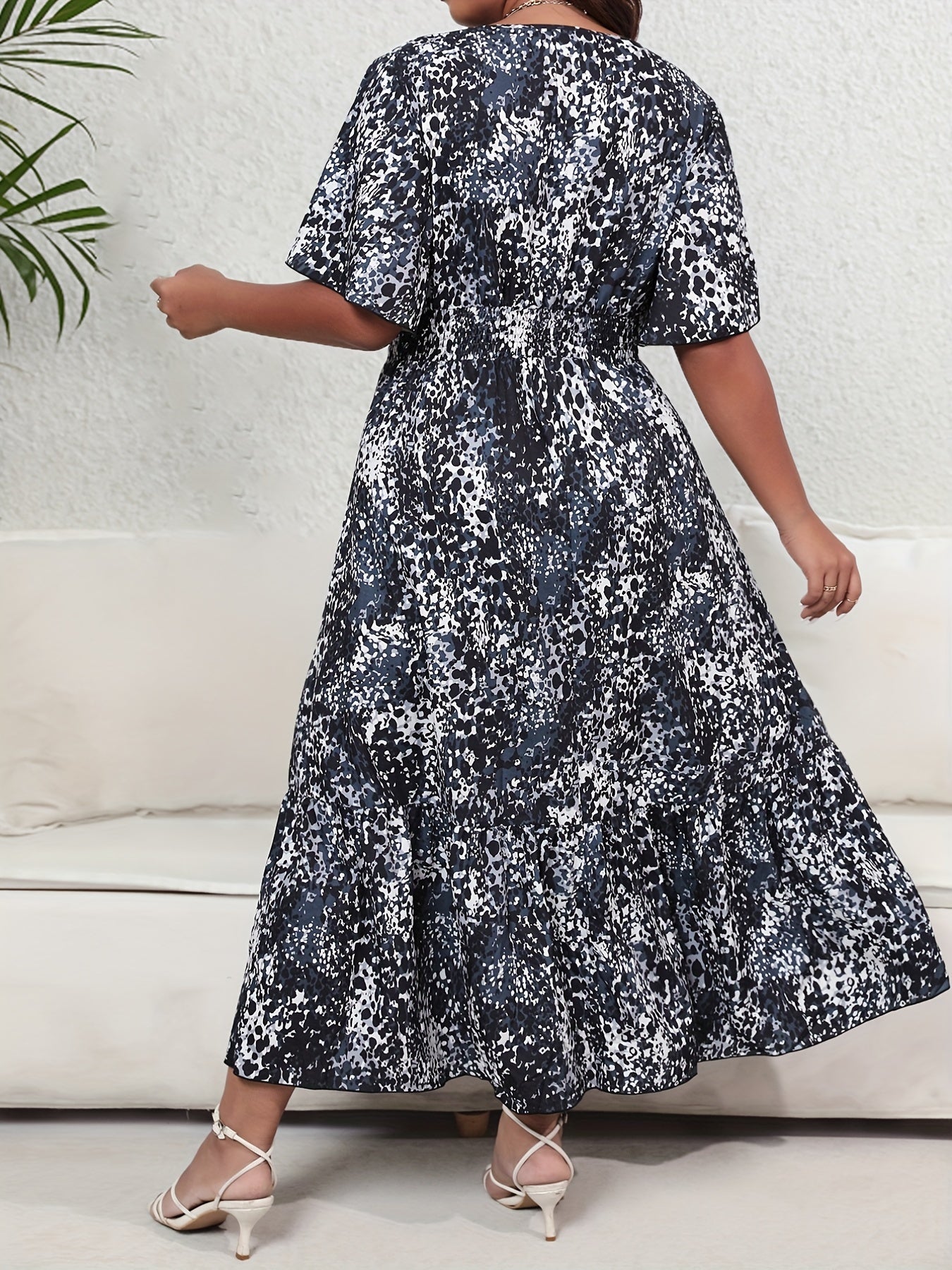  Allover Print Flutter Sleeve Surplice Neck Maxi Dress