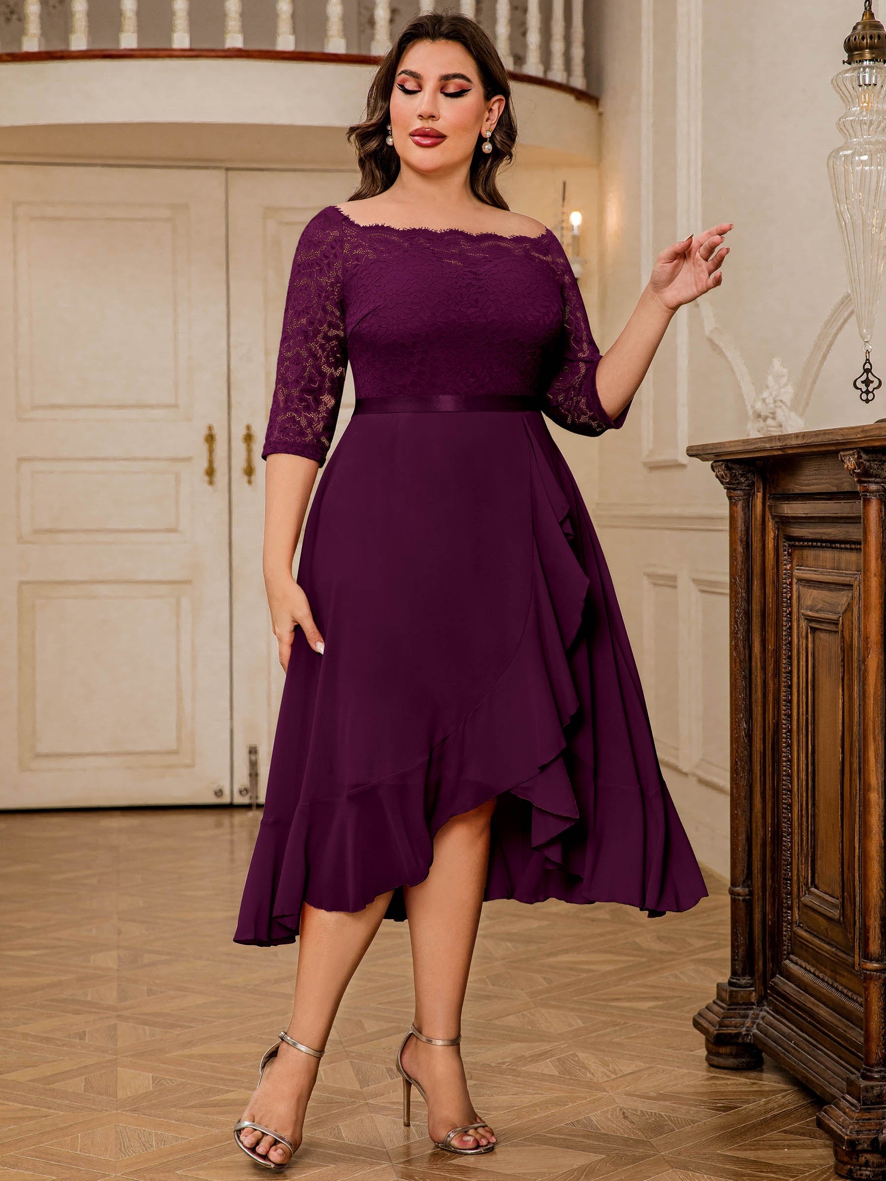  Contrast Lace Off Shoulder Ruffle Trim Formal Dress