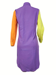  Colorblock Long Sleeve Polo Neck Shirt Dress