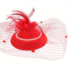 Red Feather Decor Fascinator Hats With Veil Pillbox Hat Hair Clip