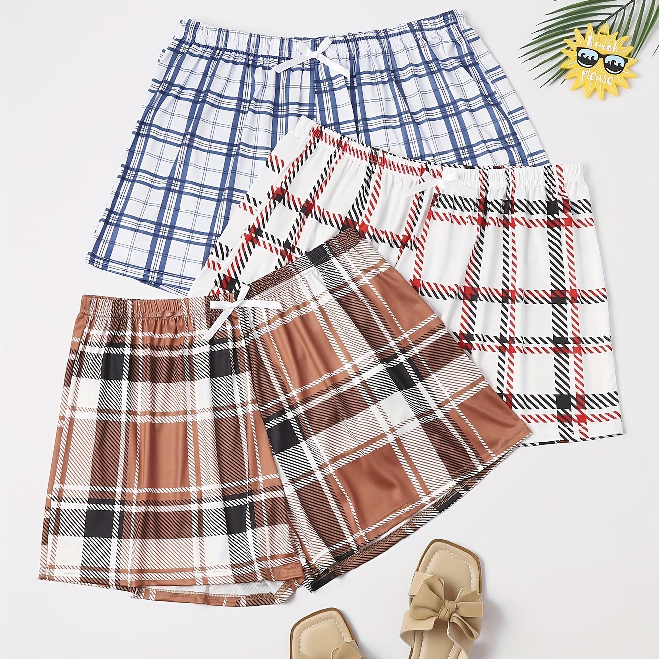  Plaid Print Bow Front Lounge Shorts 3pcs Set