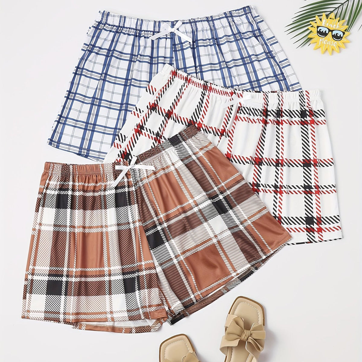  Plaid Print Bow Front Lounge Shorts 3pcs Set