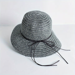 Sun Embroidery Straw Hat Ribbon Bowknot Drawstring Adjustable