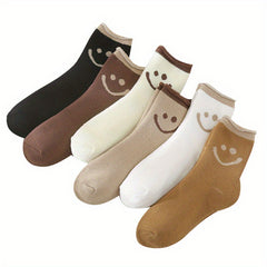 6 Pairs Smiling Face Print Socks - Women's Mid Tube Stockings