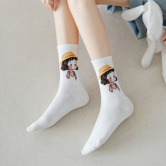 5 Pairs Cartoon Print Socks Women's Stockings Comfy & Mid Tube Hosiery