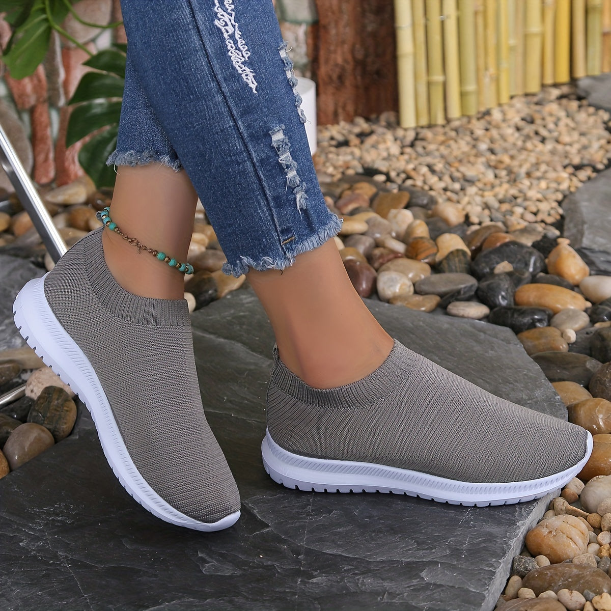 Dark Grey Stretch Woven Sports Shoes Women's Footwear