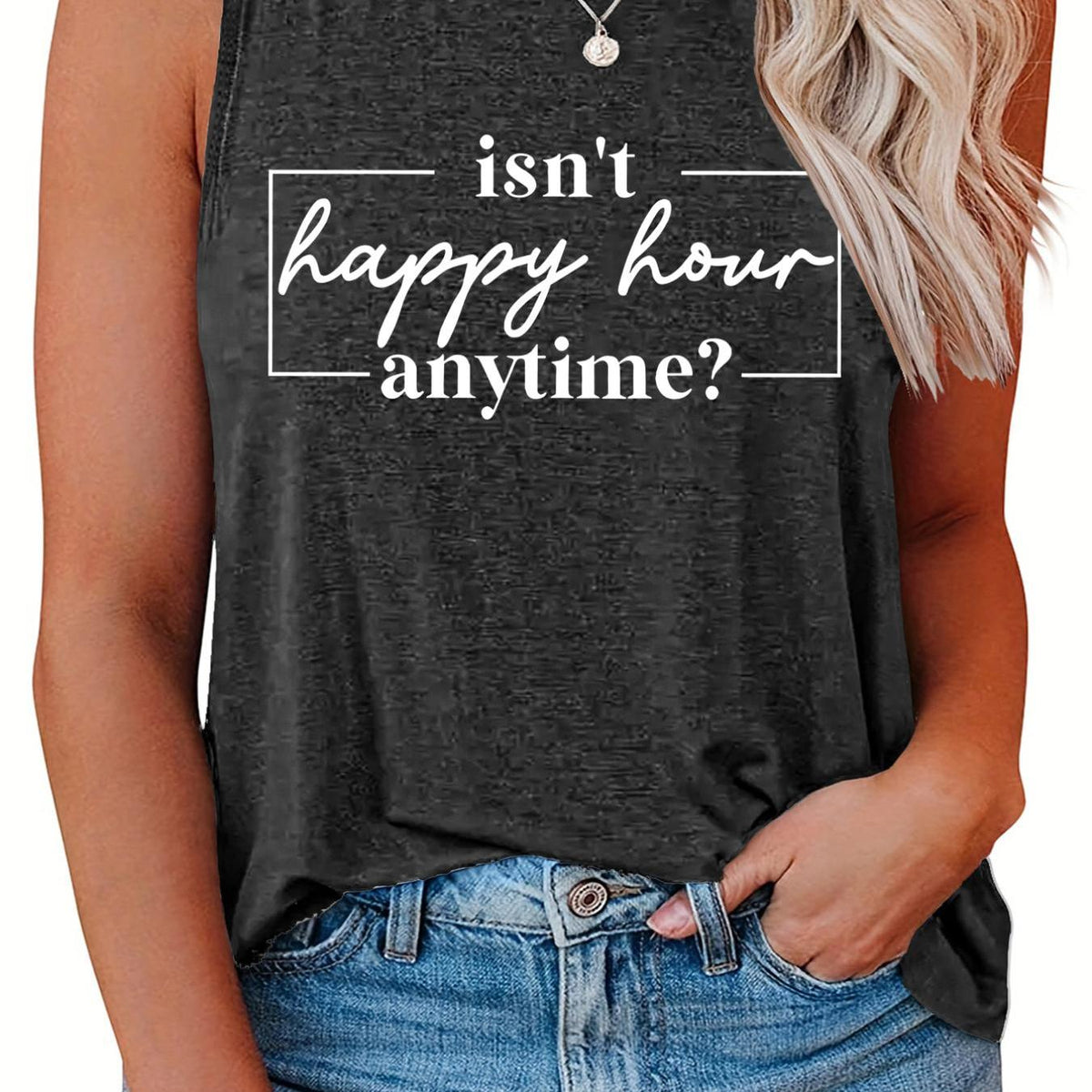 Casual Tank Top Women's Plus Slogan Print Round Neck Stretch Tank Top