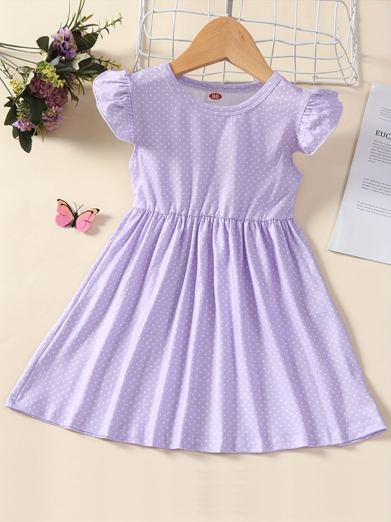 Girl's Plaid Sunflower Graphic Flying Sleeve Dress