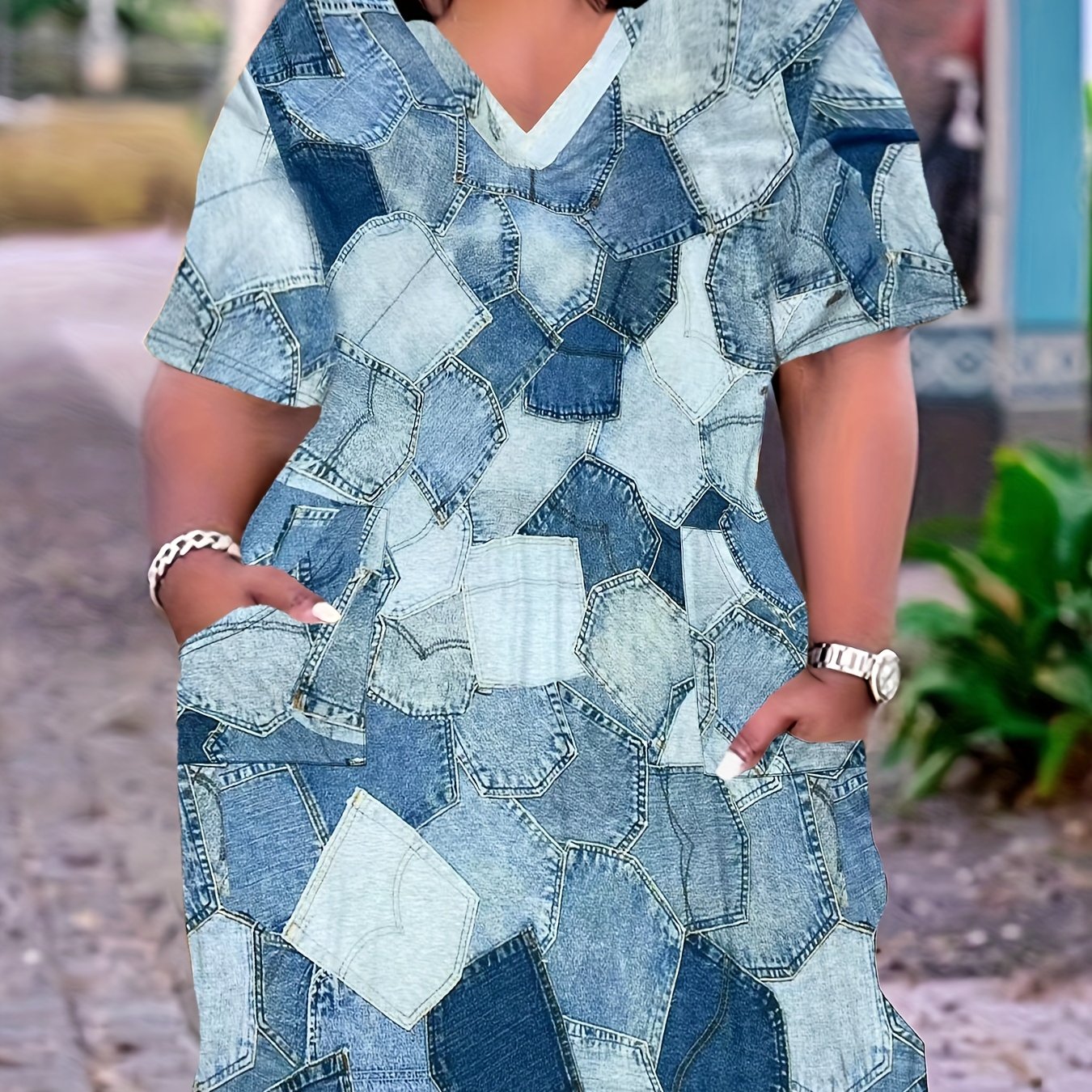  Denim Print Short Sleeve V Neck Dress With Pockets