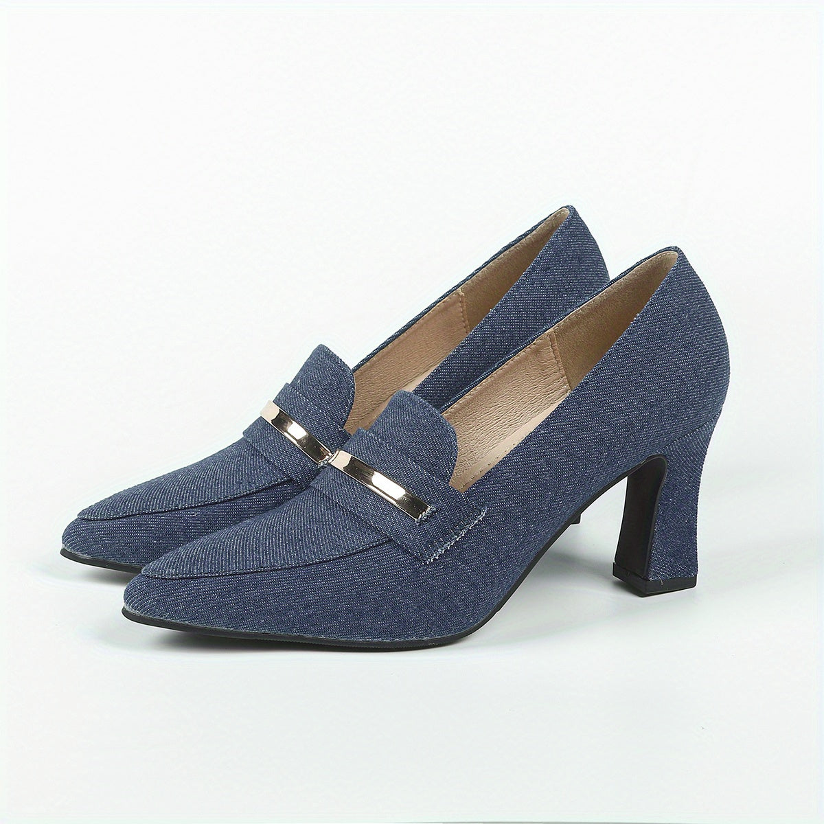Women's Denim Loafers Pumps Pointed Toe Slip On Chunky Heels