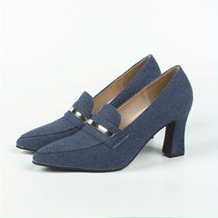 Women's Denim Loafers Pumps Pointed Toe Slip On Chunky Heels