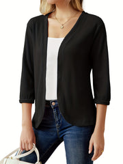  Solid Three Quarter Sleeve Open Front Waffle Knit Cropped Cardigan