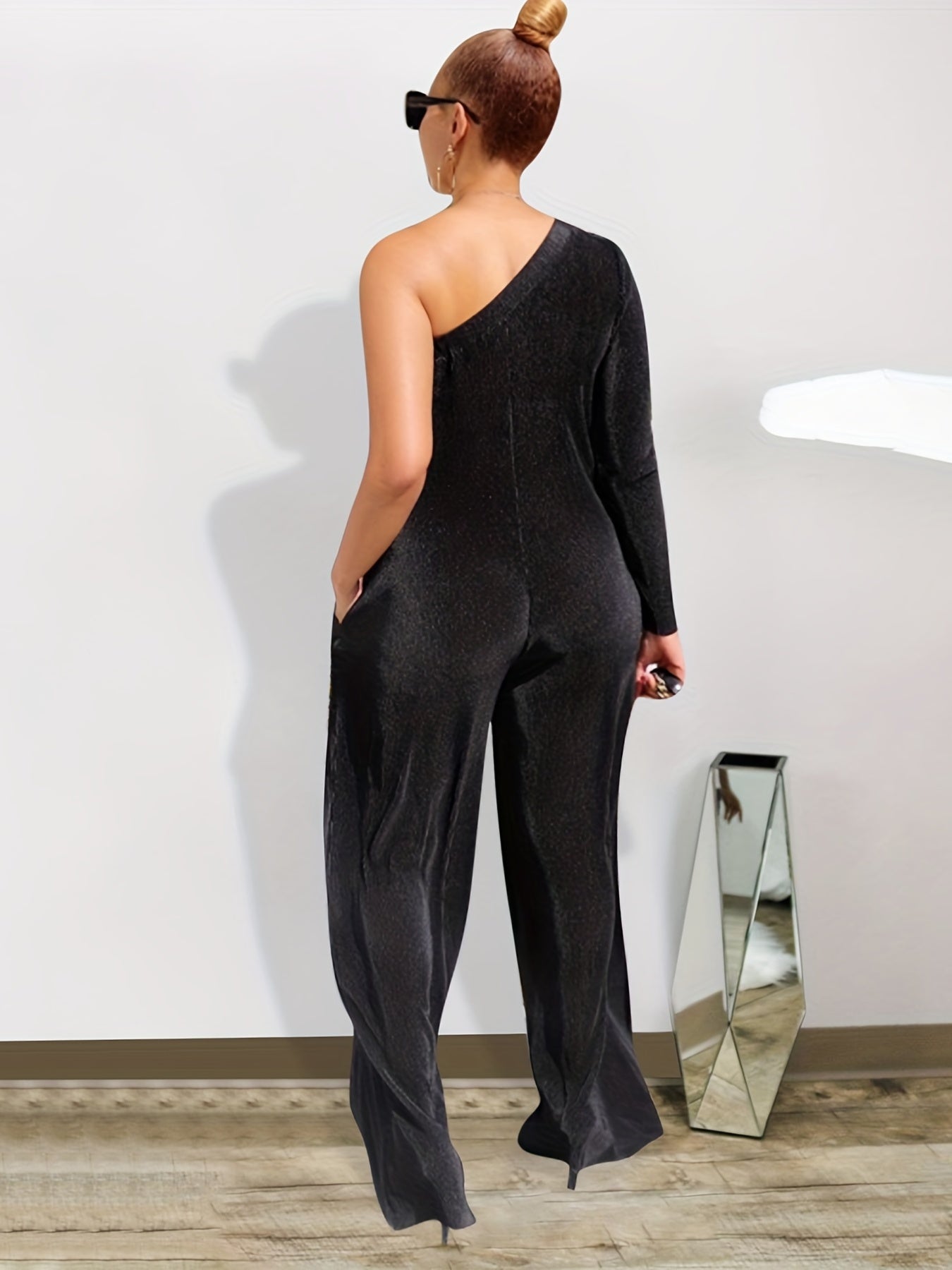 One Shoulder Wide Leg Jumpsuit Long Sleeve
