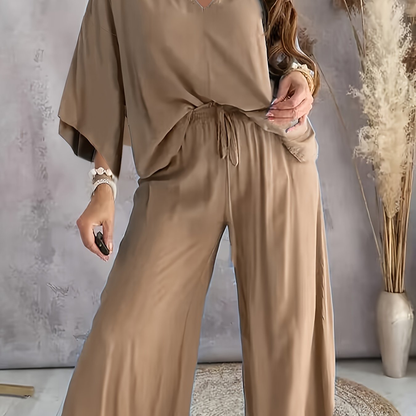  V Neck Loose Fit Top & Pants Two Piece Set