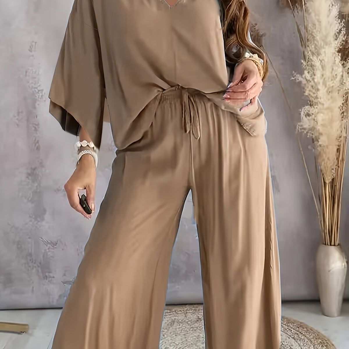  V Neck Loose Fit Top & Pants Two Piece Set
